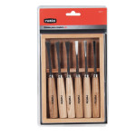 Juego 6 Gubias Carpintero Mango Madera Ratio Mango Haya Barnizado. Cuchillas Acero Carbon.